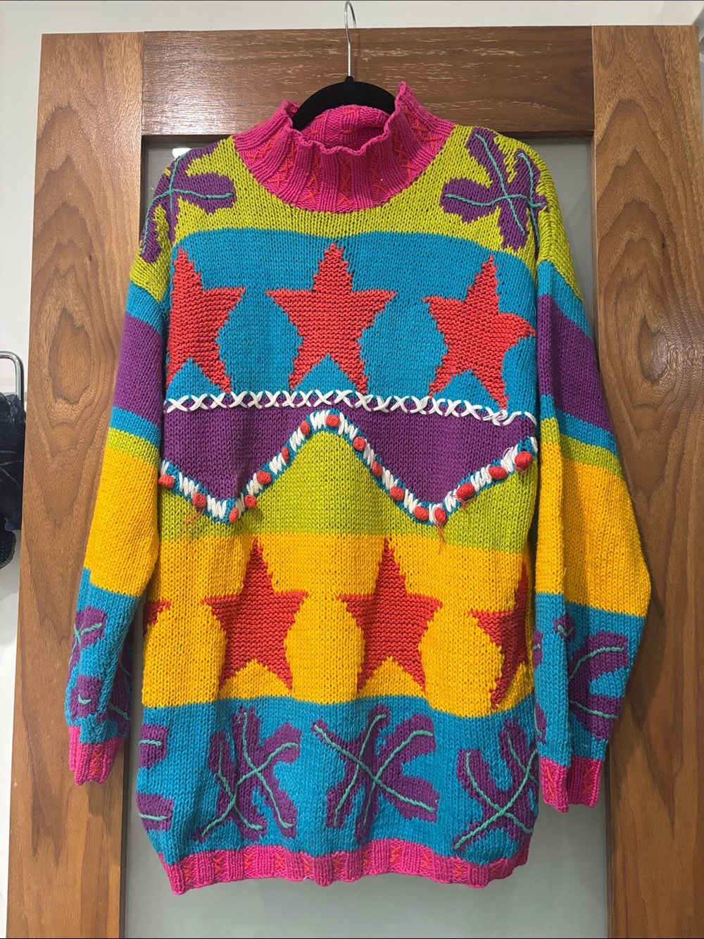 Vintage Colorful Circus Knit Sweater Stars and Floral